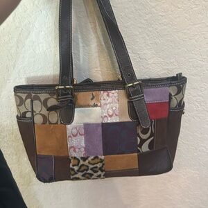Patchwork coach bag, brown straps